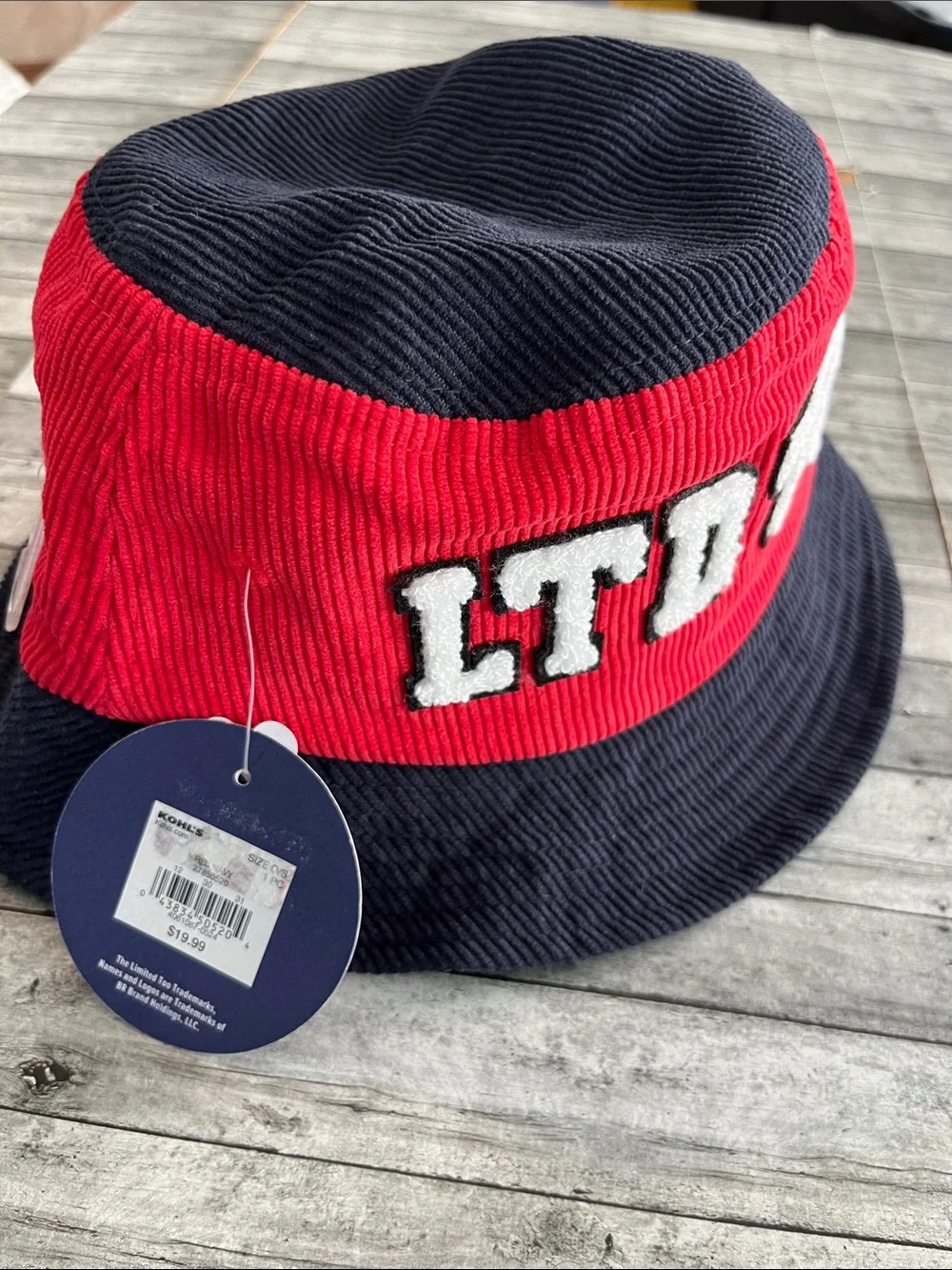 Limited Too Navy and Red Corduroy Bucket Hat with White Lettering
